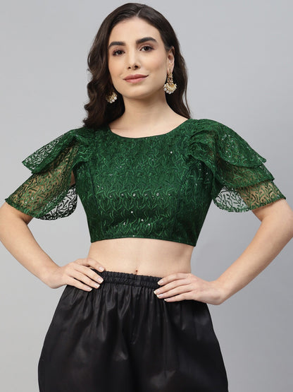 Green Sequinned Net Saree Blouse