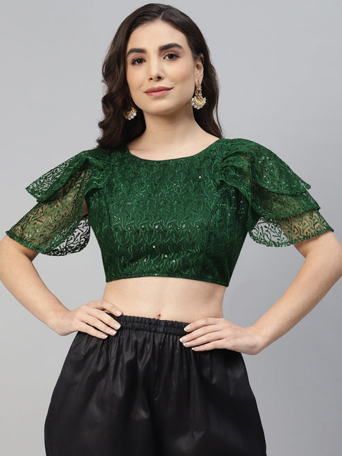 Green Sequinned Net Saree Blouse