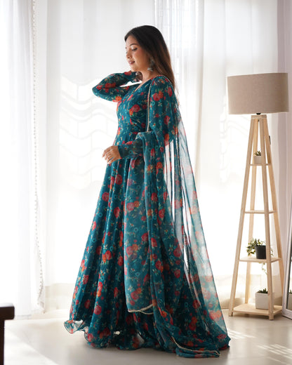 Teal Floral Printed Readymade Blended Silk Anarkali Set