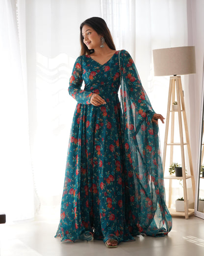Teal Floral Printed Readymade Blended Silk Anarkali Set