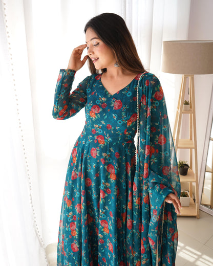 Teal Floral Printed Readymade Blended Silk Anarkali Set