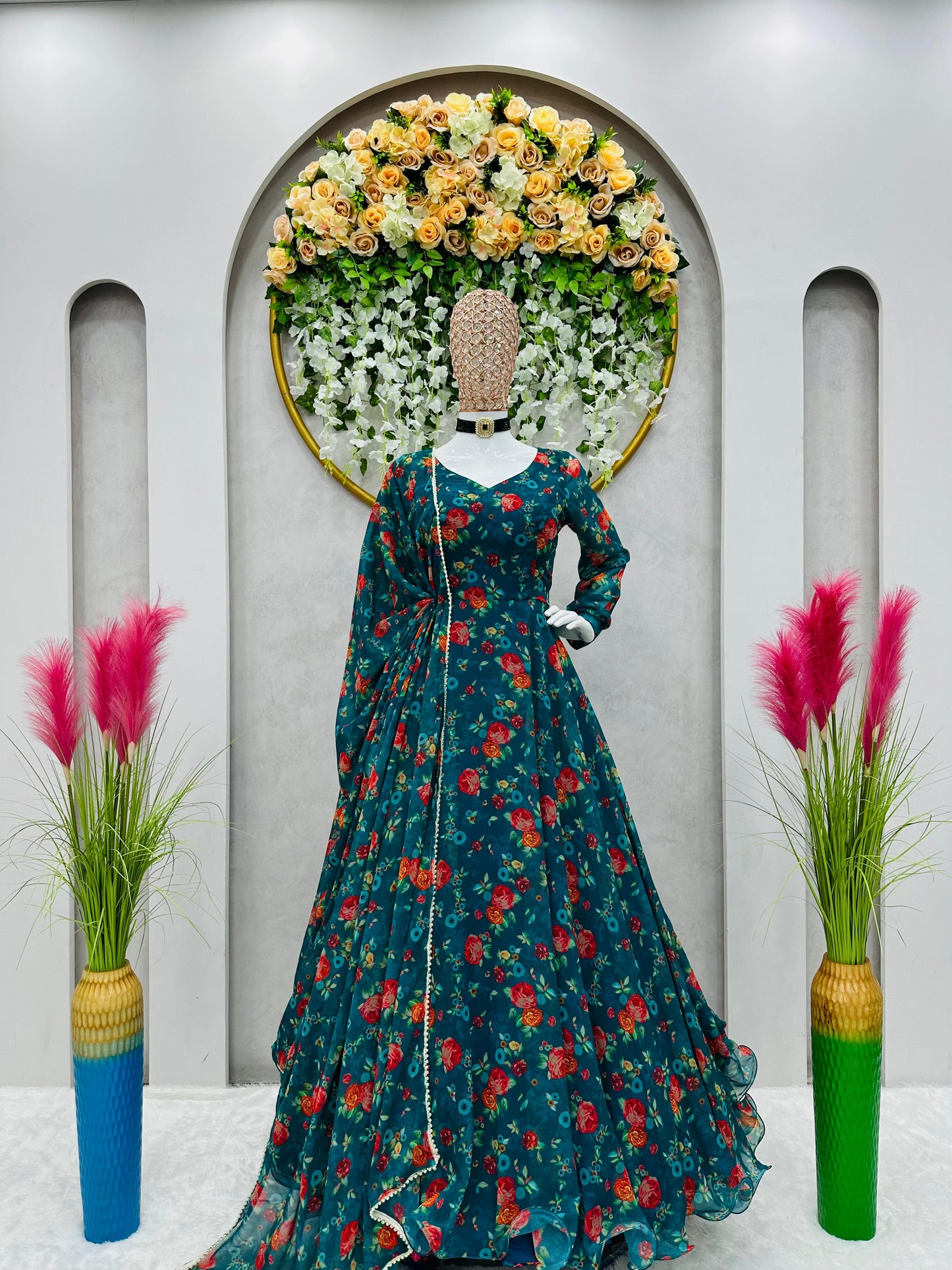 Teal Floral Printed Readymade Blended Silk Anarkali Set