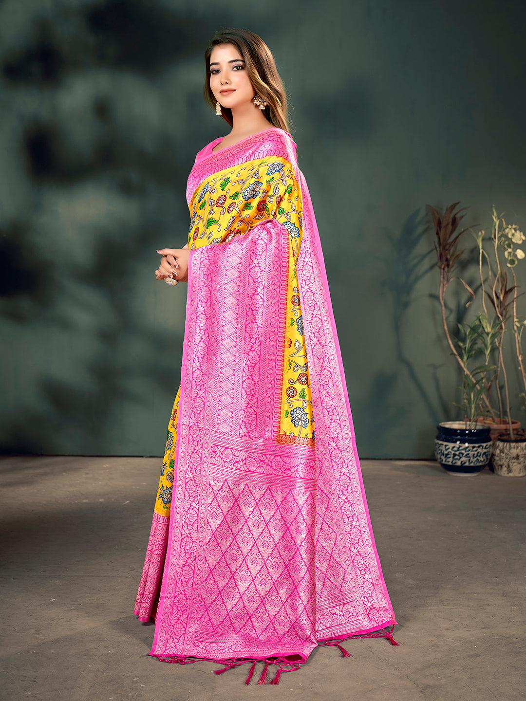 Yellow & Pink Lichi Banarasi Digital Printed Saree