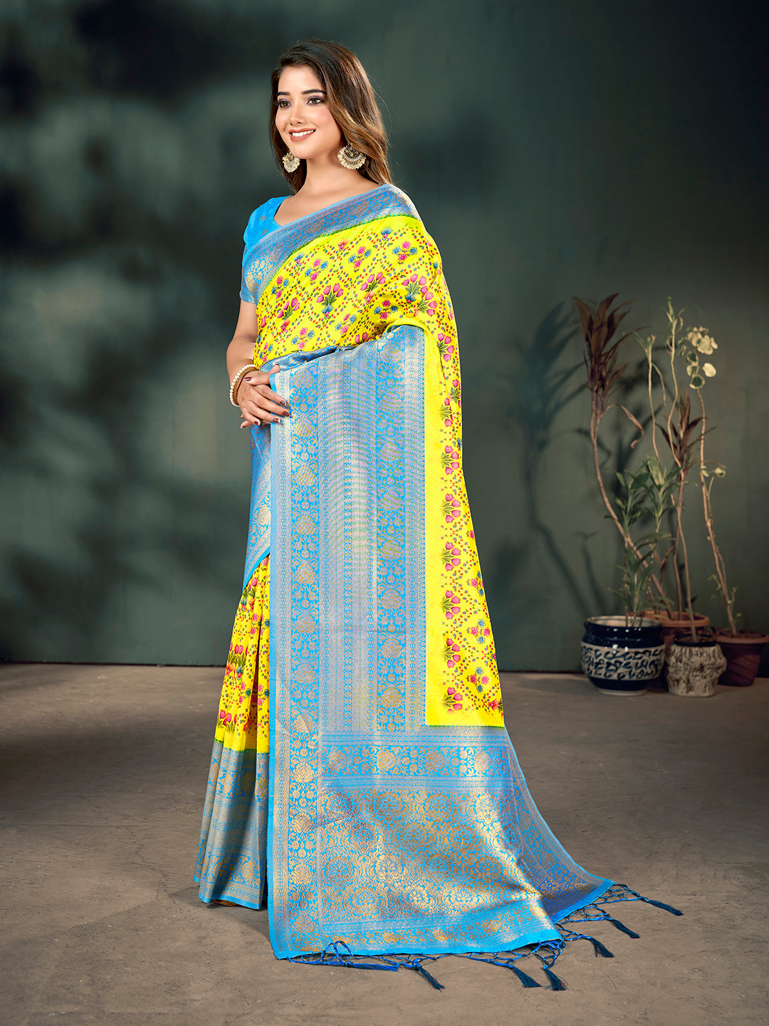 Yellow & Blue Lichi Banarasi Digital Printed Saree