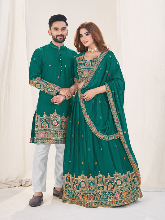 Shopgarb Turquoise Embroidered Lehenga & Matching Men's Kurta Set