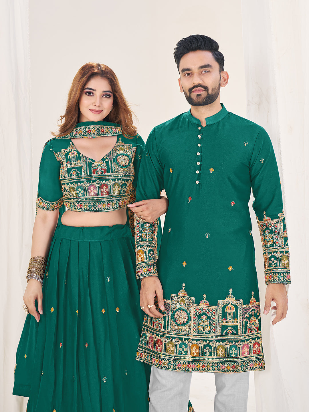Shopgarb Turquoise Embroidered Lehenga & Matching Men's Kurta Set
