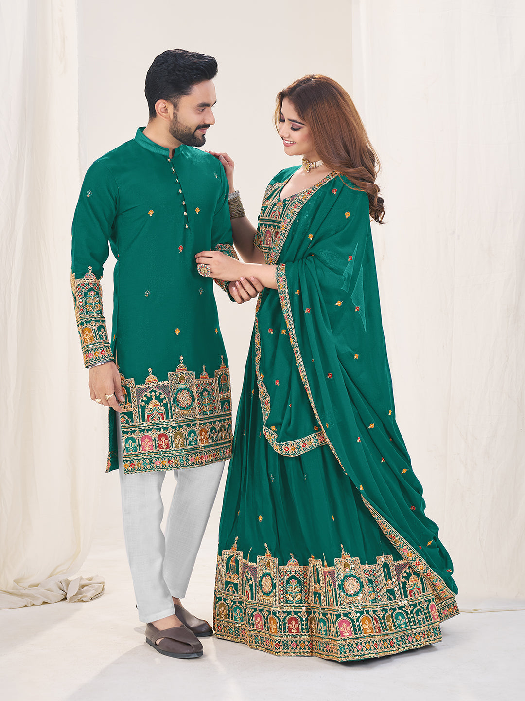 Shopgarb Turquoise Embroidered Lehenga & Matching Men's Kurta Set