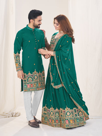 Shopgarb Turquoise Embroidered Lehenga & Matching Men's Kurta Set