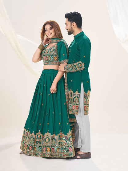 Shopgarb Turquoise Embroidered Lehenga & Matching Men's Kurta Set