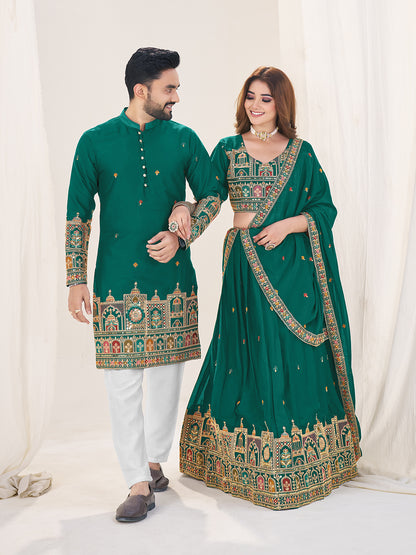 Shopgarb Turquoise Embroidered Lehenga & Matching Men's Kurta Set