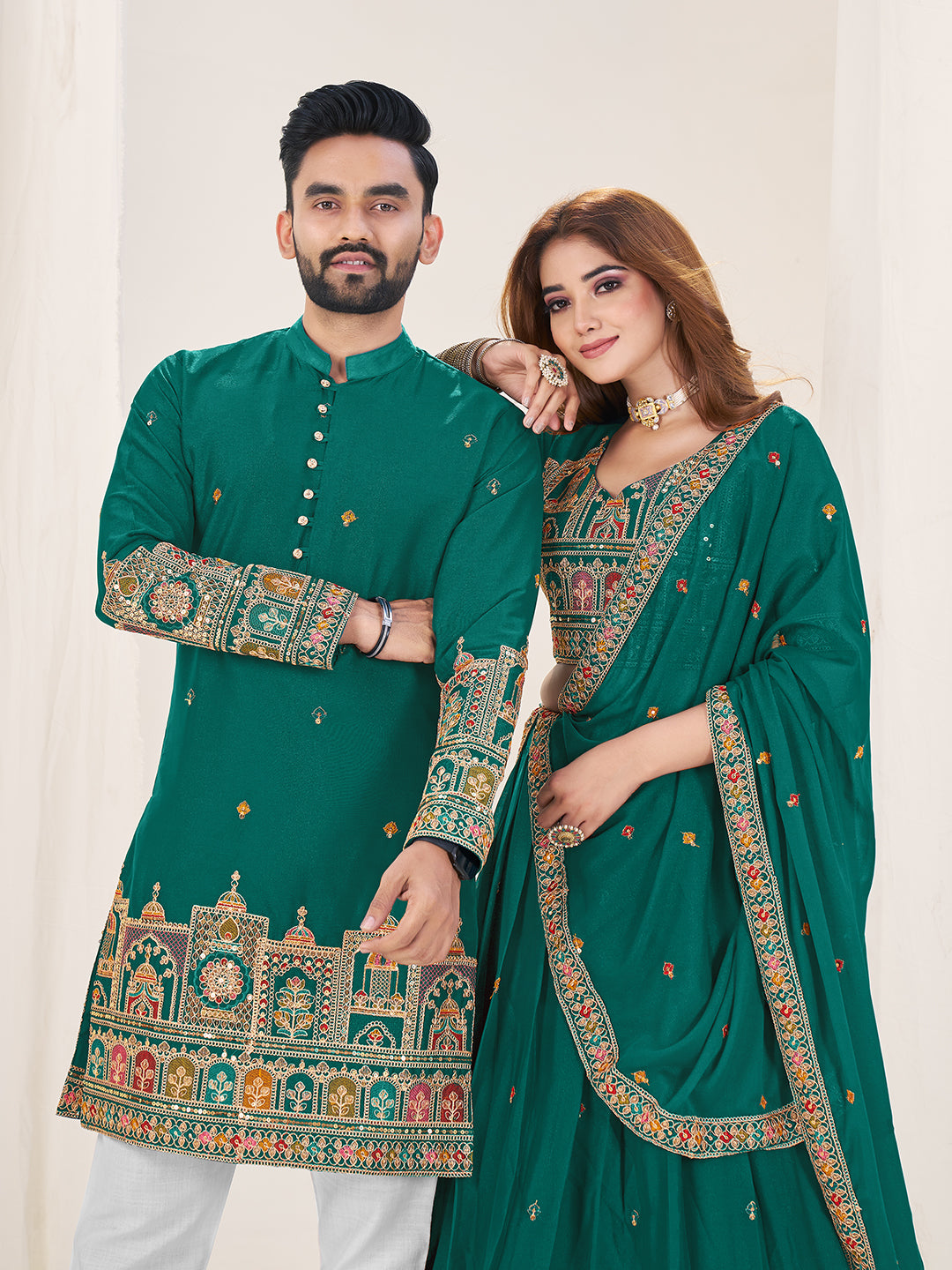 Shopgarb Turquoise Embroidered Lehenga & Matching Men's Kurta Set