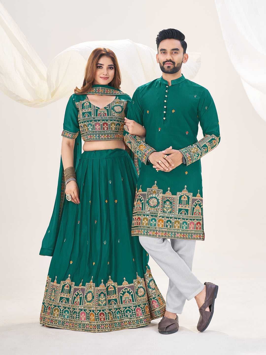 Shopgarb Turquoise Embroidered Lehenga & Matching Men's Kurta Set