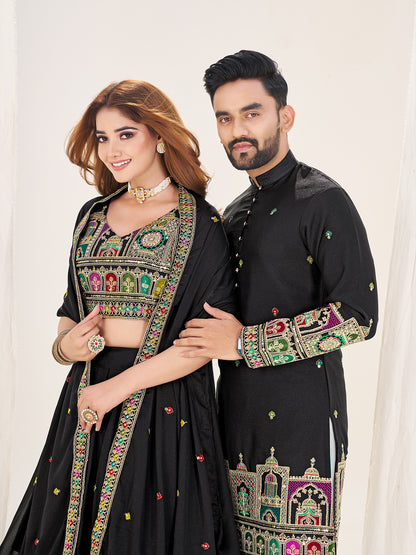 Shopgarb Black Embroidered Lehenga & Matching Men's Kurta Set