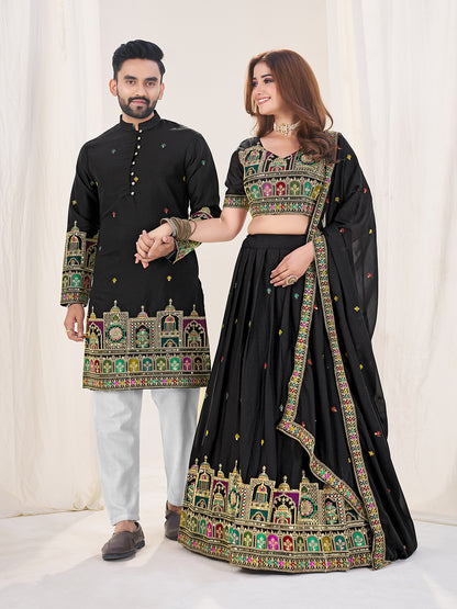 Shopgarb Black Embroidered Lehenga & Matching Men's Kurta Set