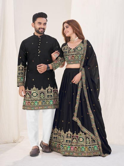 Shopgarb Black Embroidered Lehenga & Matching Men's Kurta Set