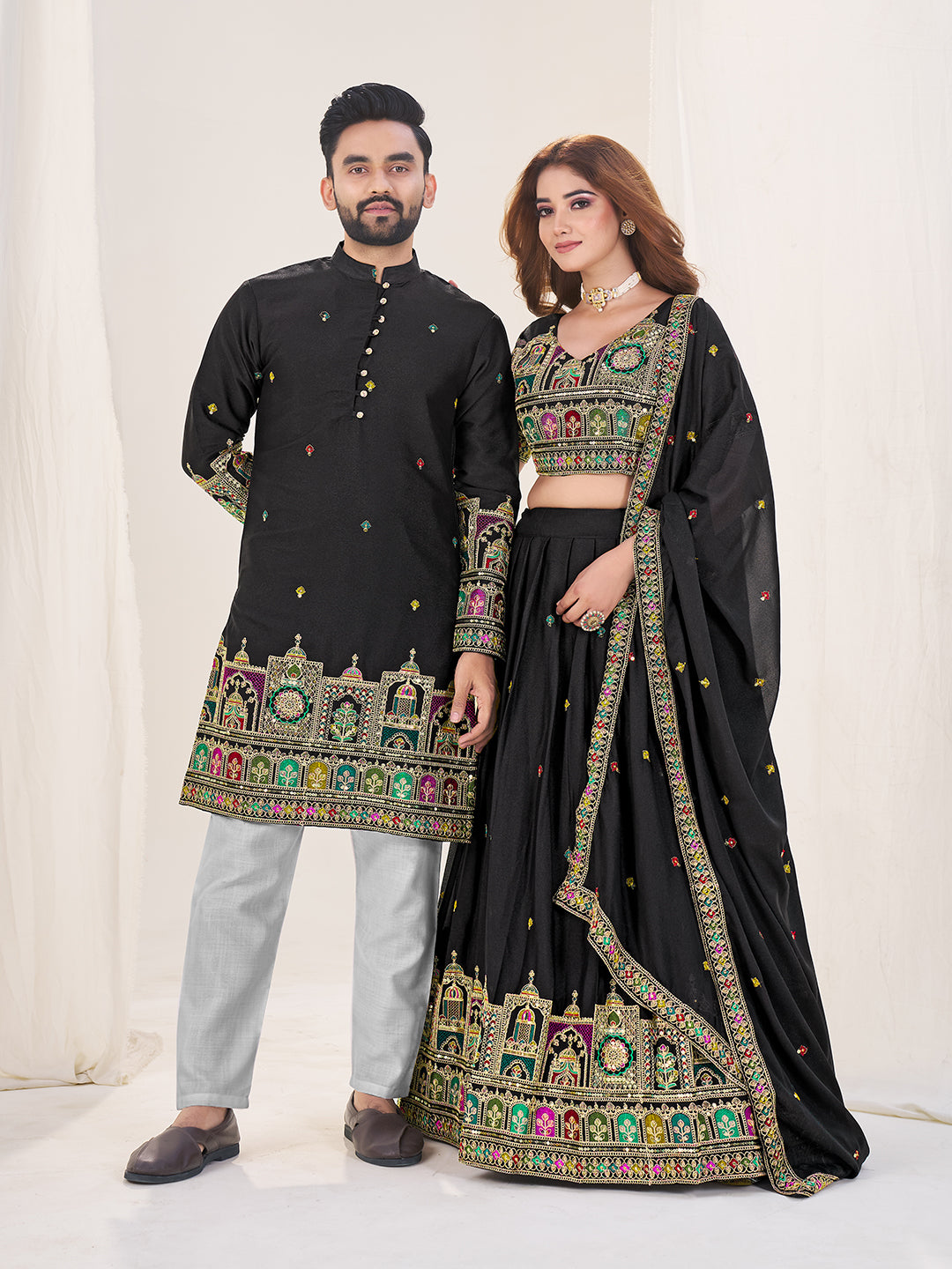 Shopgarb Black Embroidered Lehenga & Matching Men's Kurta Set