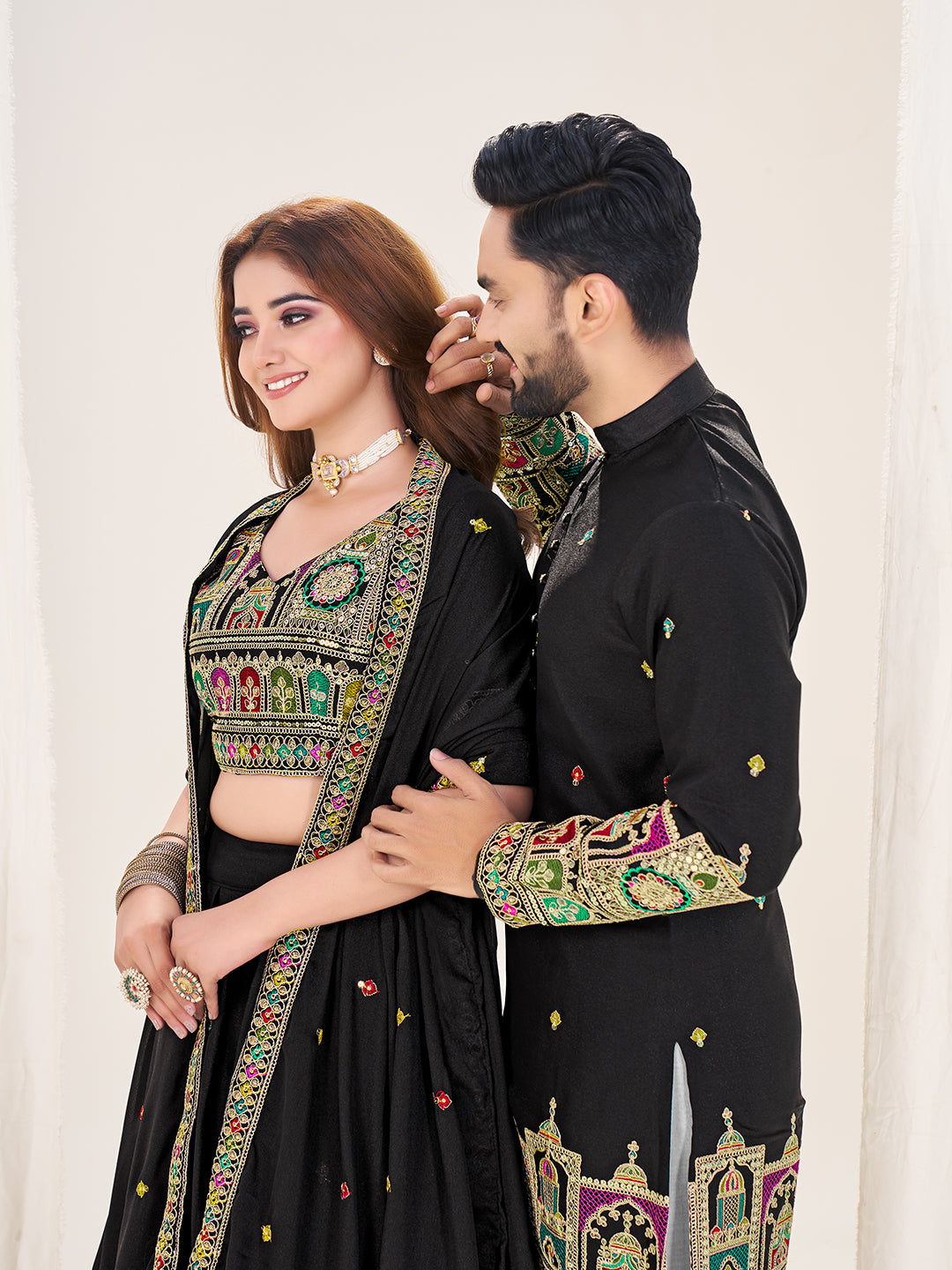 Shopgarb Black Embroidered Lehenga & Matching Men's Kurta Set