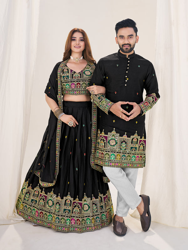 Shopgarb Black Embroidered Lehenga & Matching Men's Kurta Set