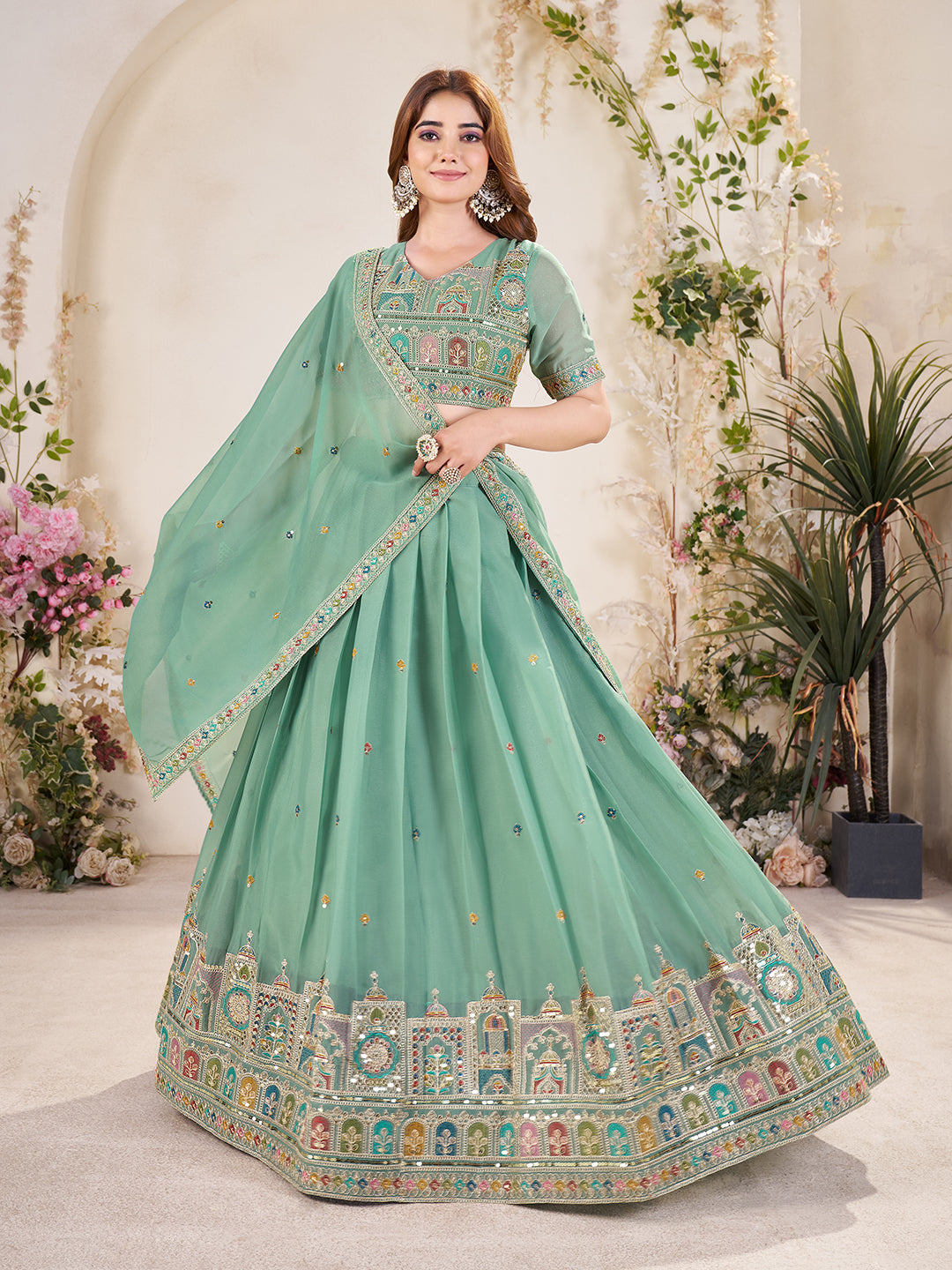 Embellished Sequinned Semi-Stitched Lehenga with Unstitched Blouse & Dupatta Set