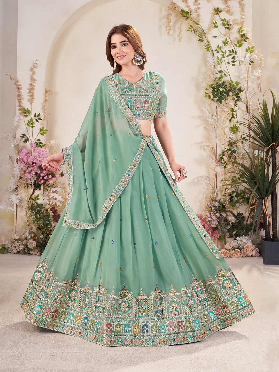 Embellished Sequinned Semi-Stitched Lehenga with Unstitched Blouse & Dupatta Set