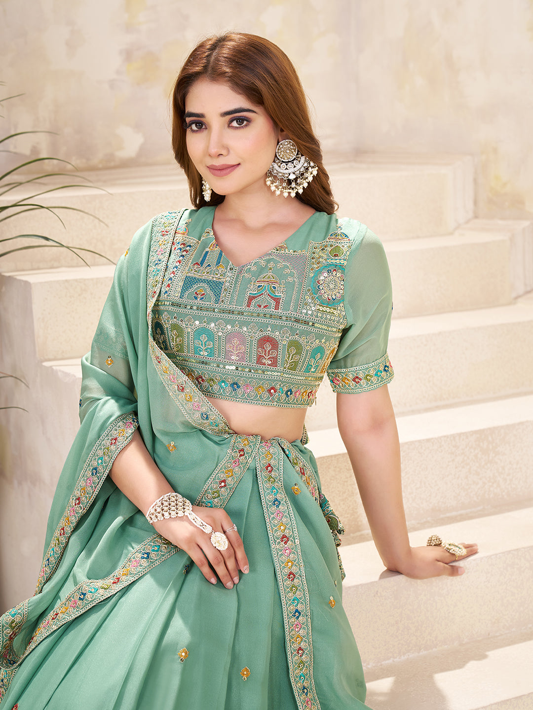 Embellished Sequinned Semi-Stitched Lehenga with Unstitched Blouse & Dupatta Set