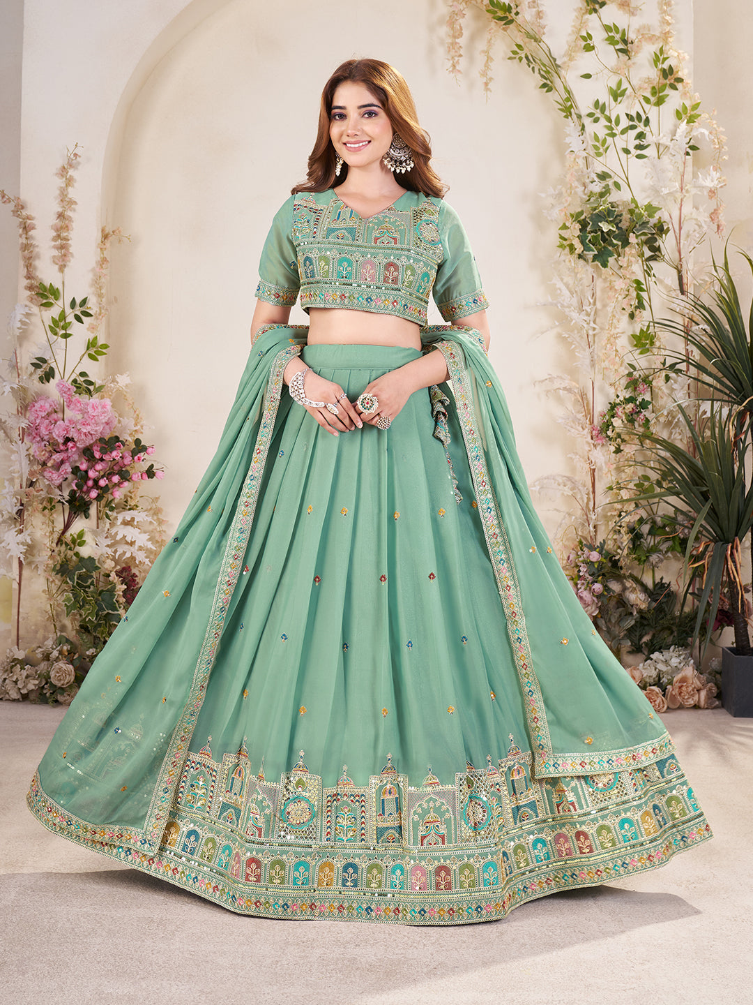Embellished Sequinned Semi-Stitched Lehenga with Unstitched Blouse & Dupatta Set