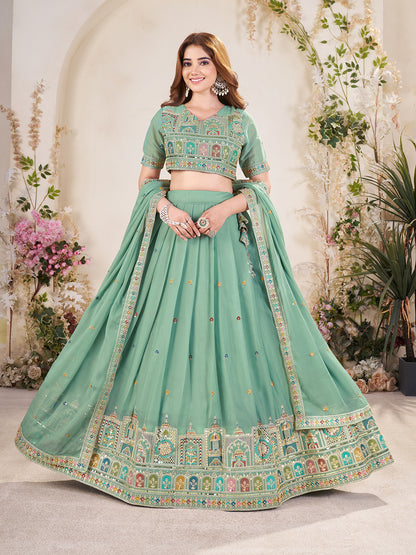 Embellished Sequinned Semi-Stitched Lehenga with Unstitched Blouse & Dupatta Set