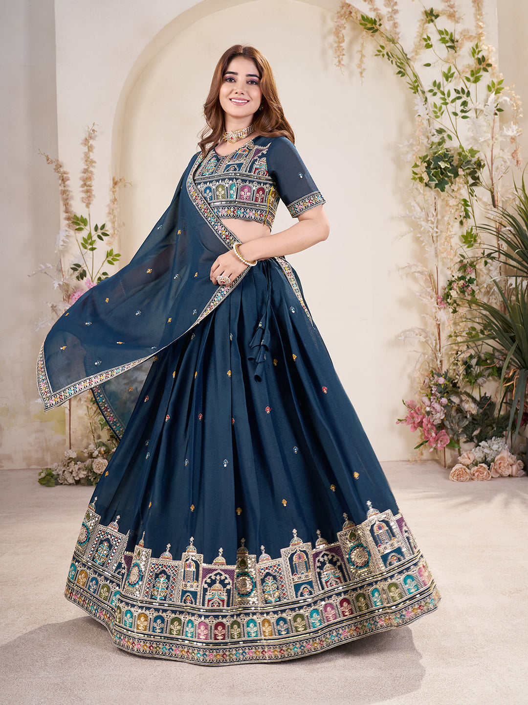 Embellished Sequinned Semi-Stitched Lehenga with Unstitched Blouse & Dupatta Set