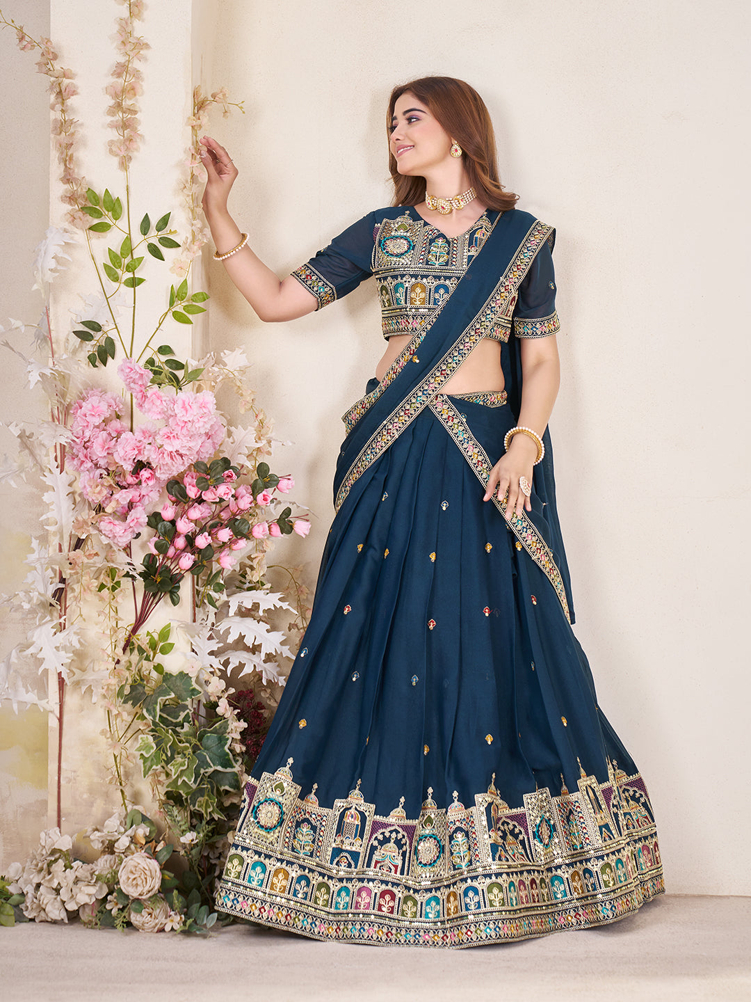 Embellished Sequinned Semi-Stitched Lehenga with Unstitched Blouse & Dupatta Set