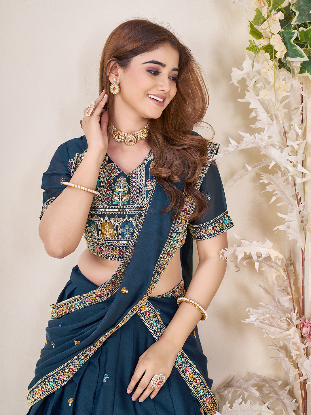 Embellished Sequinned Semi-Stitched Lehenga with Unstitched Blouse & Dupatta Set