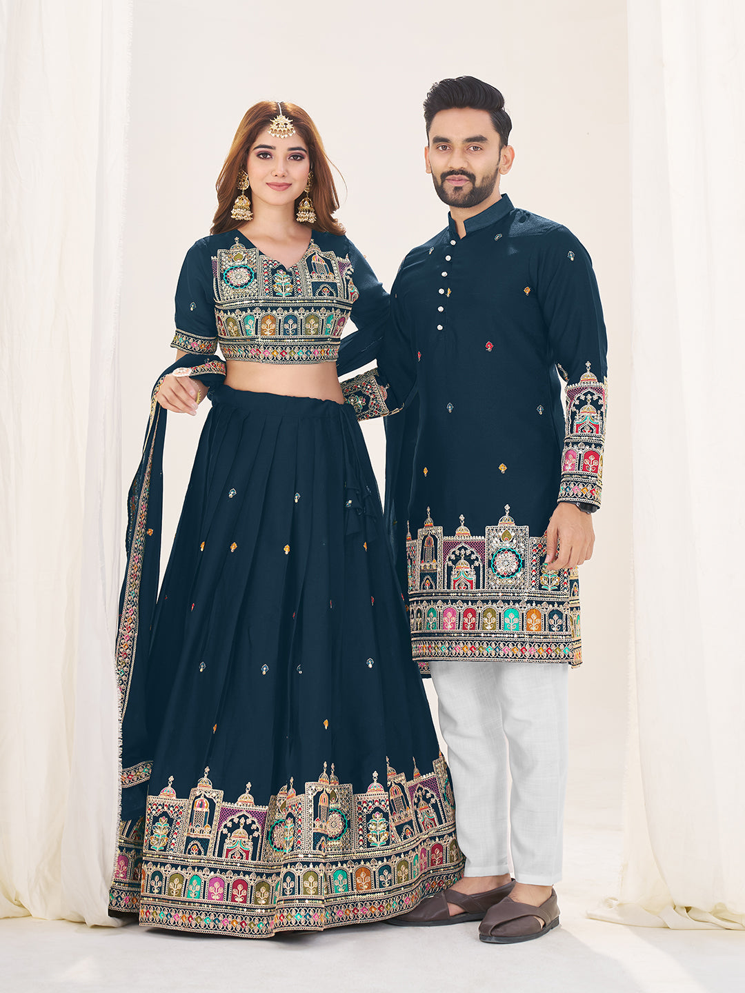 Shopgarb Navy Blue Embroidered Lehenga & Matching Men's Kurta Set