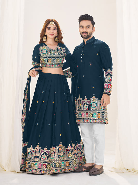 Shopgarb Navy Blue Embroidered Lehenga & Matching Men's Kurta Set