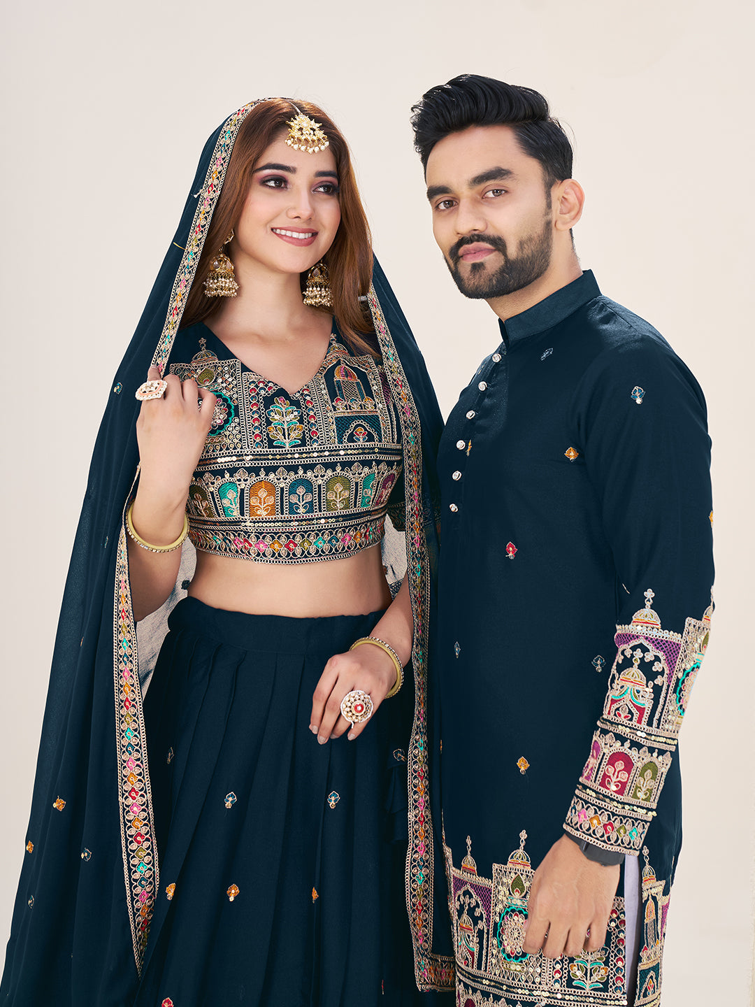 Shopgarb Navy Blue Embroidered Lehenga & Matching Men's Kurta Set