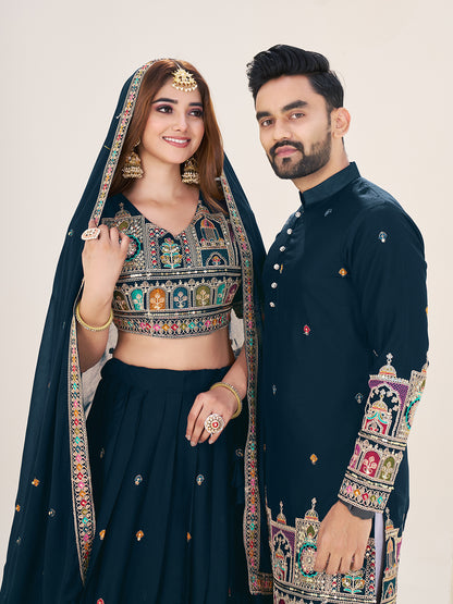Shopgarb Navy Blue Embroidered Lehenga & Matching Men's Kurta Set