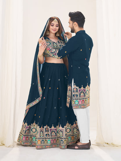 Shopgarb Navy Blue Embroidered Lehenga & Matching Men's Kurta Set