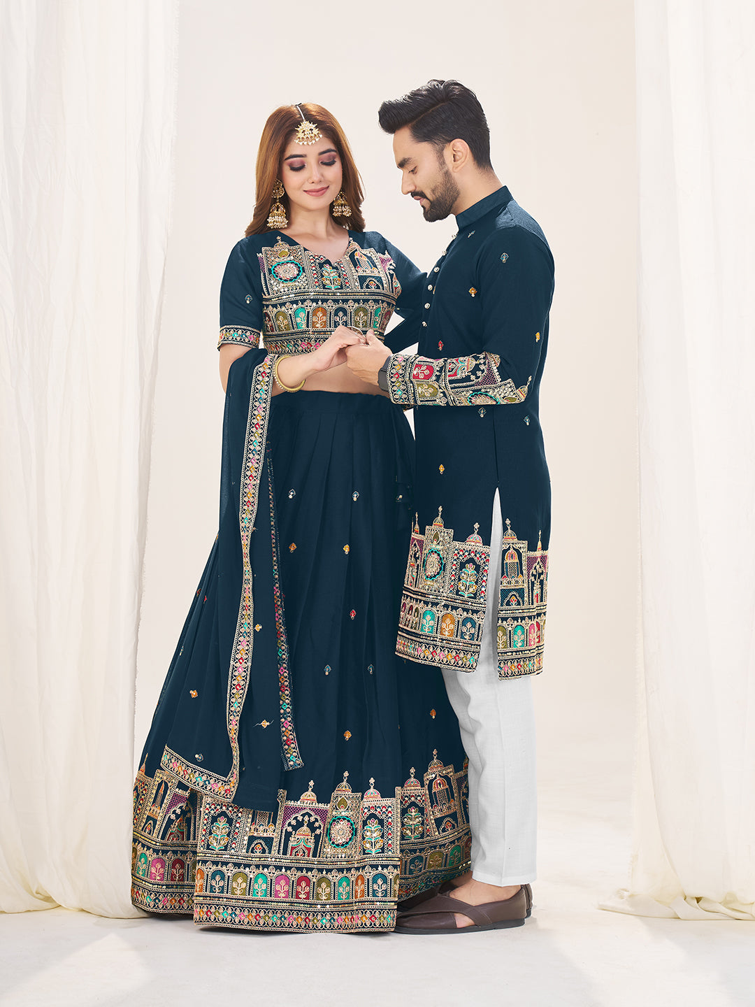 Shopgarb Navy Blue Embroidered Lehenga & Matching Men's Kurta Set