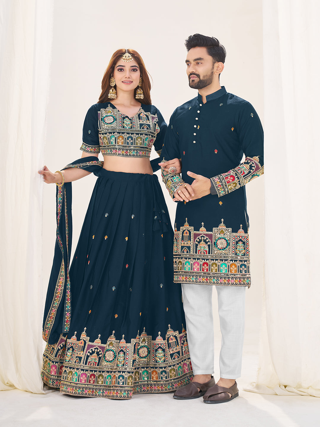 Shopgarb Navy Blue Embroidered Lehenga & Matching Men's Kurta Set