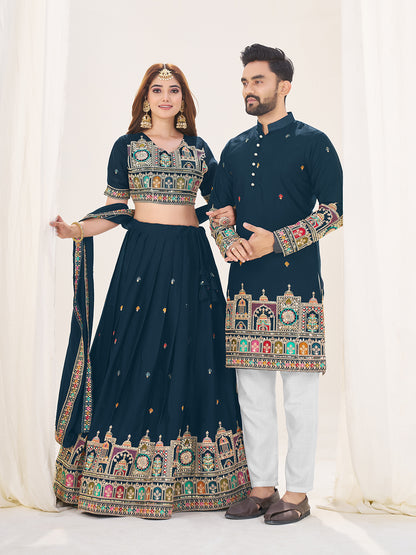 Shopgarb Navy Blue Embroidered Lehenga & Matching Men's Kurta Set