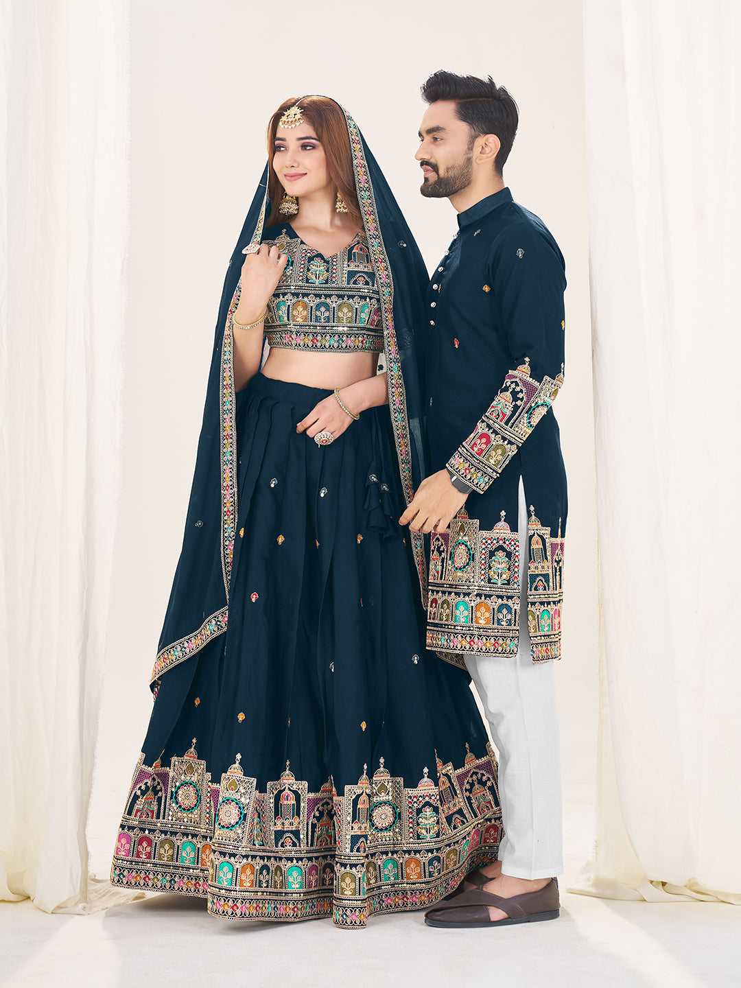 Shopgarb Navy Blue Embroidered Lehenga & Matching Men's Kurta Set
