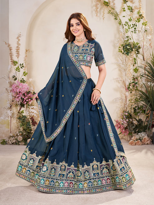Embellished Sequinned Semi-Stitched Lehenga with Unstitched Blouse & Dupatta Set