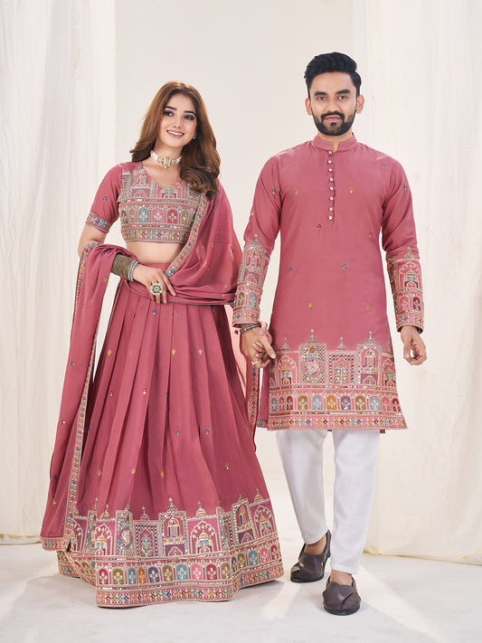 Shopgarb Pink Embroidered Lehenga & Matching Men's Kurta Set