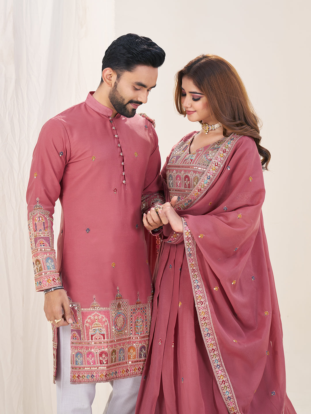 Shopgarb Pink Embroidered Lehenga & Matching Men's Kurta Set