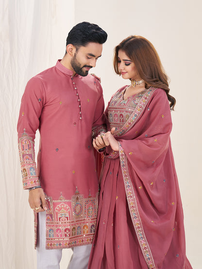 Shopgarb Pink Embroidered Lehenga & Matching Men's Kurta Set