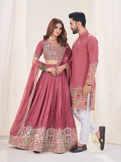 Shopgarb Pink Embroidered Lehenga & Matching Men's Kurta Set