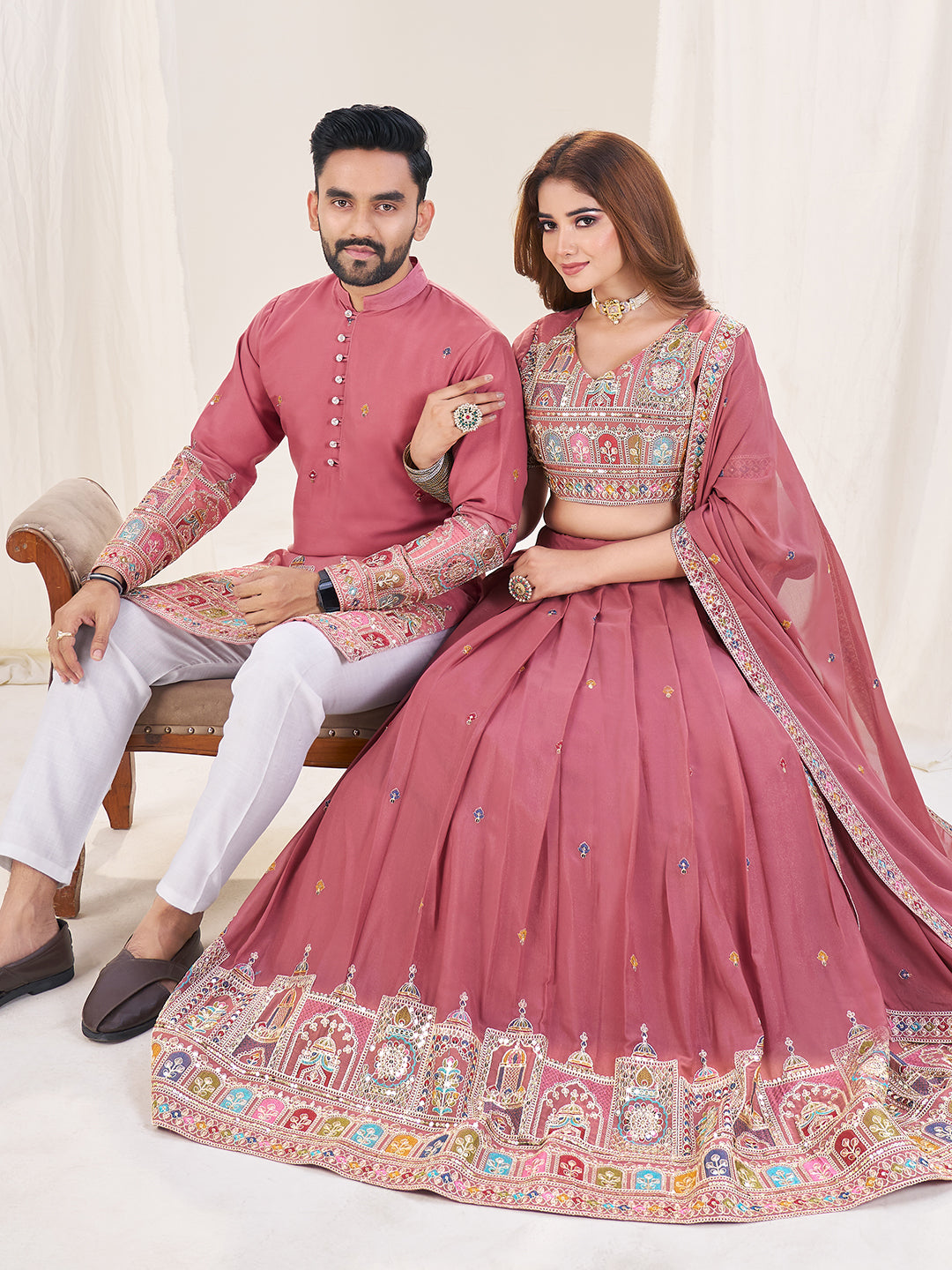 Shopgarb Pink Embroidered Lehenga & Matching Men's Kurta Set