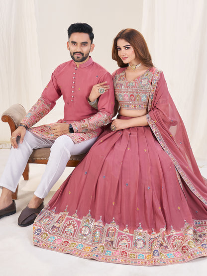 Shopgarb Pink Embroidered Lehenga & Matching Men's Kurta Set
