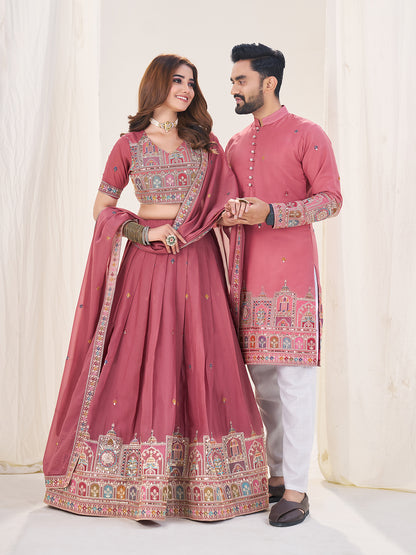 Shopgarb Pink Embroidered Lehenga & Matching Men's Kurta Set