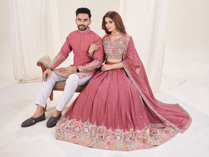 Shopgarb Pink Embroidered Lehenga & Matching Men's Kurta Set