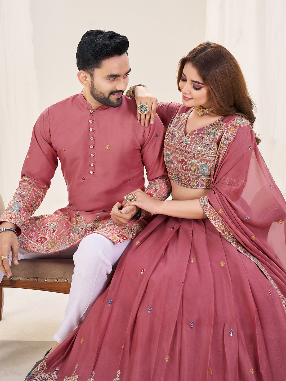 Shopgarb Pink Embroidered Lehenga & Matching Men's Kurta Set