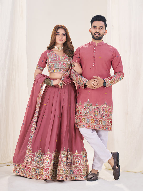 Shopgarb Pink Embroidered Lehenga & Matching Men's Kurta Set